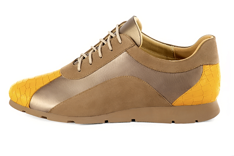 Mustard yellow, bronze gold and chocolate brown women's two-tone elegant sneakers. Round toe. Flat rubber soles. Profile view - Florence KOOIJMAN